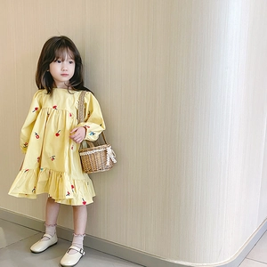 Robe jaune à manches longues pour filles avec broderies et ourlet volanté