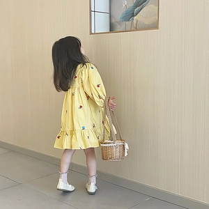 Robe en coton jaune pour fille avec broderie florale et col à volants rétro