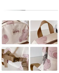Detail display of cartoon bear print backpack with durable zipper and strap buckle