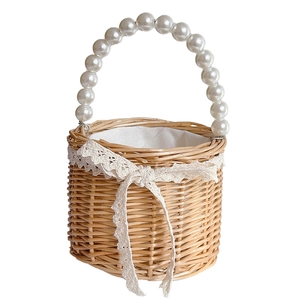 Sac de plage en osier tressé pour filles avec anse en perles et décor de nœud en dentelle