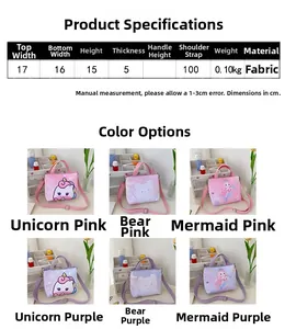 Tableau des tailles pour sac bandoulière enfant en toile avec dimensions et coloris