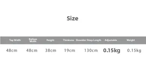 Size chart showing large capacity kids travel bag dimensions and adjustable strap length