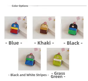 Detail view of colorful toddler backpacks in five contrast color combinations for girls