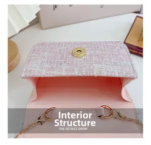 Internal structure of pink tweed girls handbag with gold magnetic clasp and chain