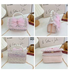 Detailed views of pink sequin girls handbag with mesh bow, pearl handle and gold chain