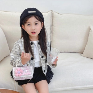 Kids plaid tweed outfit with pink Barbie floral bag and pearl handle strap