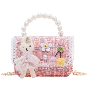 Mädchen Mini-Handtasche aus Tweed mit süßem Hasen, Perlengriff und Kettenriemen