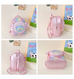 Vues détaillées du sac à dos rose pour fille avec ailes holographiques et perles