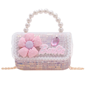 Pink tweed girls mini handbag with pearl handle, chain strap and Barbie logo