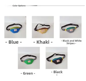 Detail display of kids nylon chest bags in multiple colors with contrast zipper design