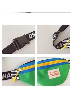 Detailed views of kids color-block crossbody bag featuring adjustable buckle and durable zipper