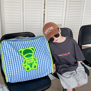Blue plaid kids shoulder bag with green bear print for storage and travel use