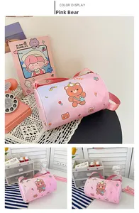 Detail of pink cartoon cylinder bag with bear print and adjustable webbing shoulder strap
