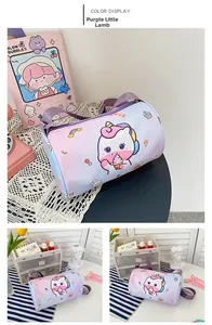 Detail of purple cylinder crossbody bag for girls with cute cartoon unicorn print
