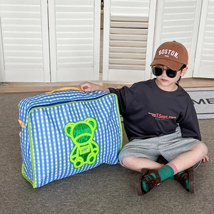 Large capacity blue plaid kids storage bag with cute green bear and yellow handles