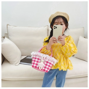 Sac en paille rose à carreaux pour fille avec dentelle et mignon pendentif lapin