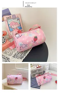 Pink strawberry cylinder canvas bag for girls shown in various lifestyle settings