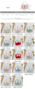 Tableau des tailles pour mini sac fille avec poignée en perles et nœud en dentelle