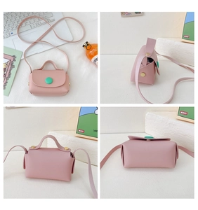 Detailed multi-angle view of pink mini PU crossbody bag with green buckle and gold rivets