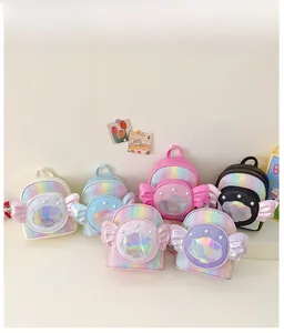 Mini sacs à dos pour filles en tissu laser irisé avec détails d'ailes et de perles