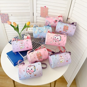 Kids Cartoon Cylinder Crossbody Bag Canvas Mini Coin Purse Adjustable Strap Cute Animal Print For Little Girls Toddlers