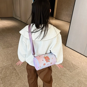 Cute cartoon bear cylinder crossbody bag for girls with purple gradient strap