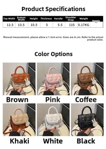 Detaillierte Übersicht der Mini-Kaninchen-Handtaschen mit Maßen und sechs Farboptionen aus PU