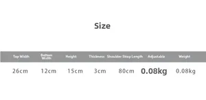 Size specification chart for kids canvas crossbody bag showing detailed dimensions and weight