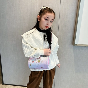 Cute kids cartoon cylindrical crossbody bag with purple gradient rabbit and rainbow prints