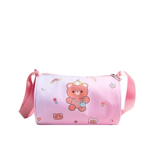 Cute cartoon bear printed canvas cylinder crossbody bag for little girls in pink gradient