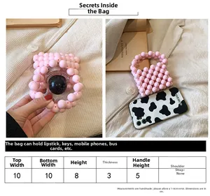 Detailed size specifications for pink beaded mini handbag showing dimensions and capacity