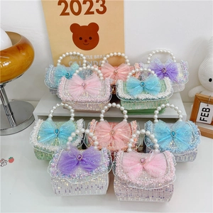 Girls Mini Shoulder Bag Artificial Pearl Handle Sequin Tweed Tulle Bow Heart Gem Princess Elegant Handbag With Gold Chain