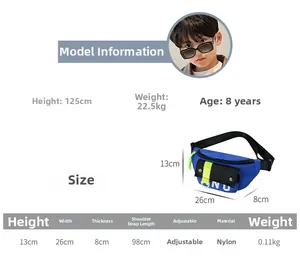 Guide des tailles montrant les dimensions du sac en nylon bleu et détails du modèle