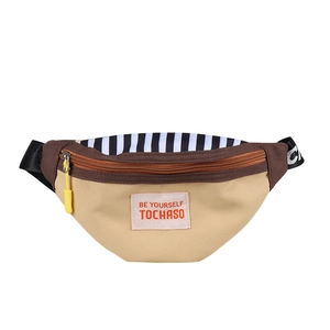 Kids color-block canvas chest bag in khaki and brown with a pink label and yellow zipper