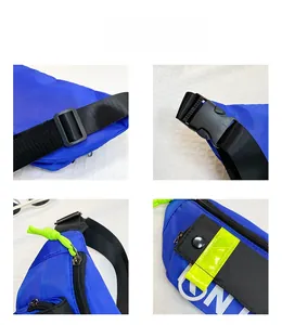 Détails du sac de poitrine bleu avec sangle réglable, boucle et poche réfléchissante
