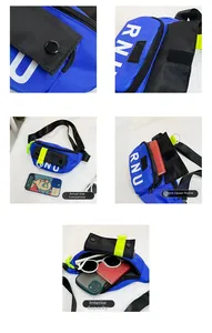 Vues détaillées du sac bandoulière enfant avec logo RNU et grande capacité interne