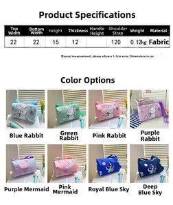 Detailed size chart and multi-pattern canvas shoulder bags with cute cartoon prints