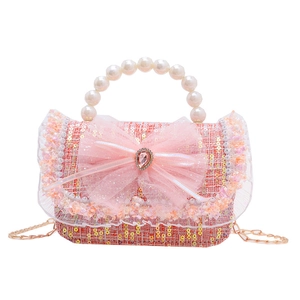 Girls tweed pearl handbag with sequins, lace bow, and elegant gold chain strap
