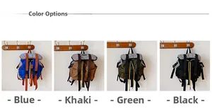 Detail view of four casual canvas kids backpacks in blue, khaki, green and black