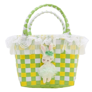 Sac de plage tressé pour filles avec motif à carreaux verts et breloque lapin mignon