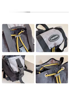 Detail view of boys canvas backpack with yellow drawstring, fashion logo and side buckles