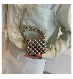 Detailed close-up of a mini silver beaded handbag with metallic spherical beads and handle