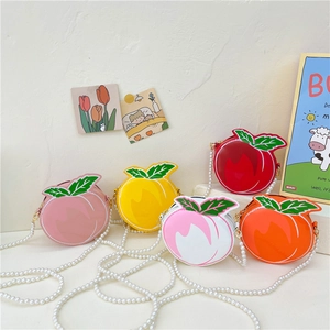 Kids Fruit Shape Shoulder Bag PU Leather Peach Apple Cartoon Cute Crossbody With Faux Artificial Pearl Chain For Girls