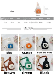 Guide des tailles sac bandoulière nylon enfant montrant dimensions 13x18x7cm et six couleurs