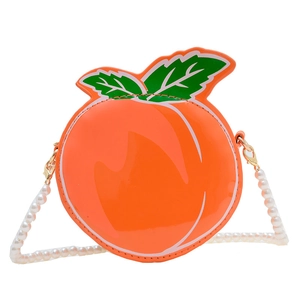Cute peach shaped shiny patent leather crossbody bag with white pearl chain for girls