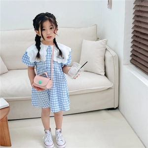 Blue plaid girls' cotton dress with scalloped collar and pink mini crossbody bag