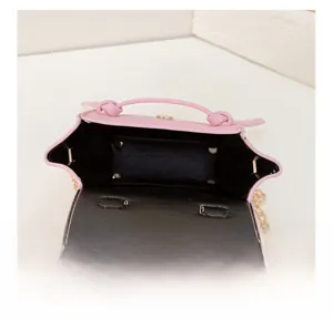 Vista dall'alto dello scomparto interno della mini borsa rosa con tracolla dorata