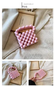 Detailed texture of handmade pink pearl beaded handbag with woven round beads handle