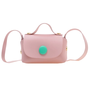 Pink mini PU leather crossbody bag for girls with green buckle and top handle
