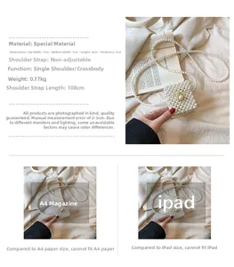 Detailed size comparison of white pearl woven mini bag against A4 paper and iPad
